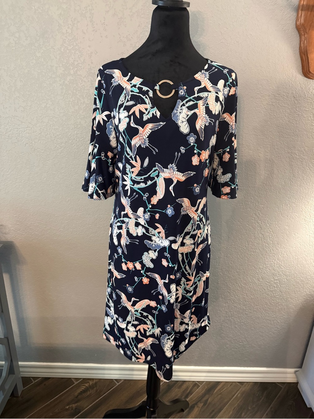 Ronni Nicole Navy Floral & Bird Print Midi Dress with Gold Ring